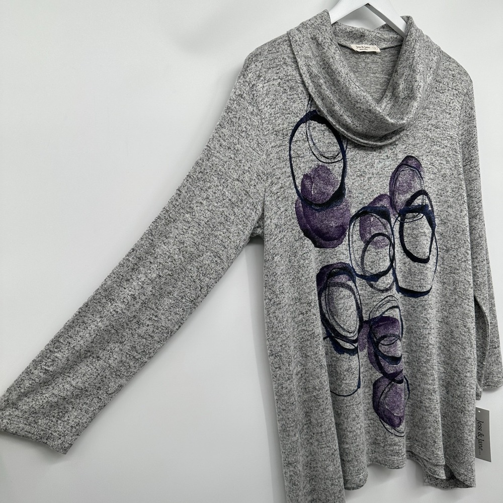 Jess & Jane Echoes Top Shirt Large Brushed Knit Cowl Neck Gray Artsy Boho New - Picture 2 of 11